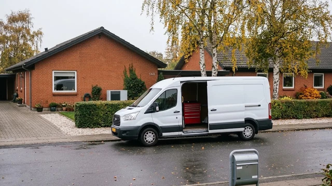 Installatørbil parkeret på en dansk villavej